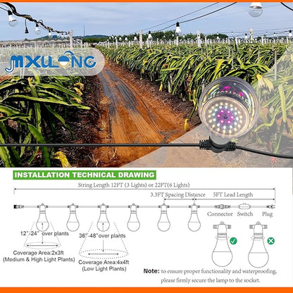 Hanging Grow Light String Bulbs LED Growth Bulb A25, Full Spectrum Plant Light E26 Base 15W, houseplant Growting lamp, Greenhouse Indoor or Outdoor (3 Lights and Cord)