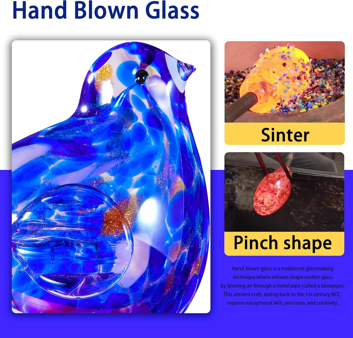 Solar Bird Garden Stake Lights - Hand Blown Glass Decorative Garden Pathway Lights Outdoor Waterproof Bird Glass Stakes (Dark Blue)