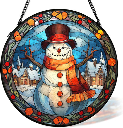 Christmas Snowman Suncatcher Stained Glass Window Hanging Decor, Winter Snowman Stained Glass Wall Decor, Christmas Garden Sun Catchers Indoor Window Hanging Wall Art, 7.9x7.9In