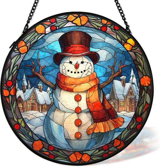 Christmas Snowman Suncatcher Stained Glass Window Hanging Decor, Winter Snowman Stained Glass Wall Decor, Christmas Garden Sun Catchers Indoor Window Hanging Wall Art, 7.9x7.9In