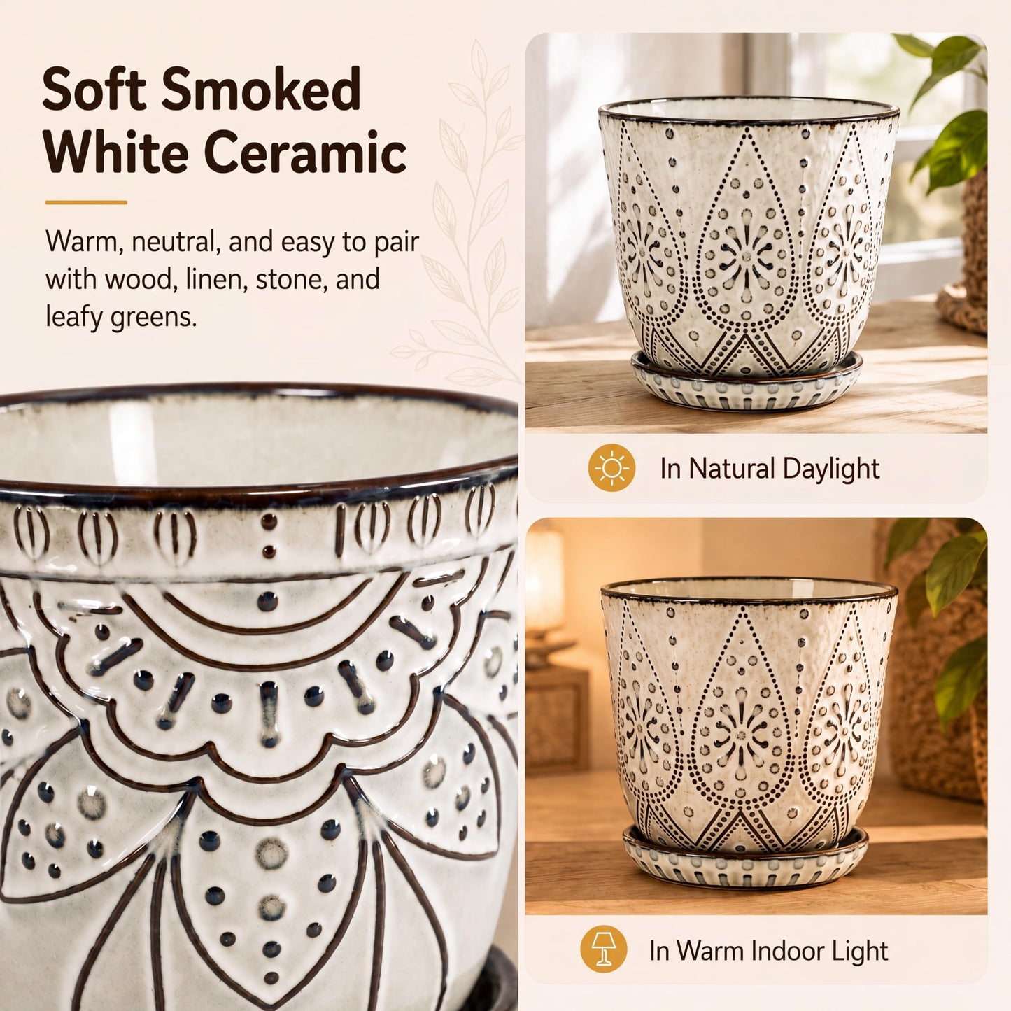 Gepege Ceramic Plant Pots, 6 Inch Indoor Planters with Drainage & Saucers
