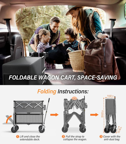 Collapsible Wagon Double Decker Wagons Carts Foldable for All Terrain, Grey