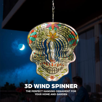 Skylar Day of The Dead Skull 12-inch Wind Spinner, Multi Color Stainless Steel Hanging Ornament Wind Spinners Outdoor Clearance, 3D Visual Effects, Garden Art Décor, Metal Indoor Outdoor Crafts