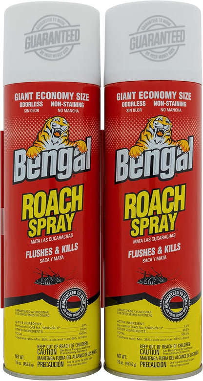 Bengal Roach Spray, Odorless Stain-Free Dry Spray, 2-Count, 16 Oz. Aerosol Cans