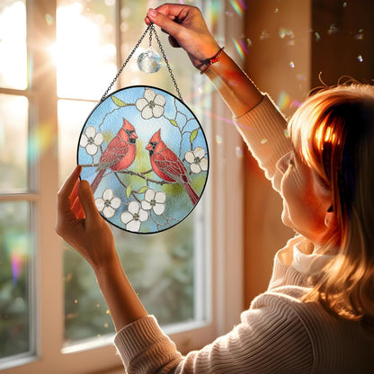 6" Cardinal Bird Stained Glass Suncatchers Art Glass Red Birds and Flowers for Sun Catcher Indoor Window Gifts for Nature Floral Bird Lovers Memorial Gift for Women Painted Panel Décor BIRD-37B-SG6