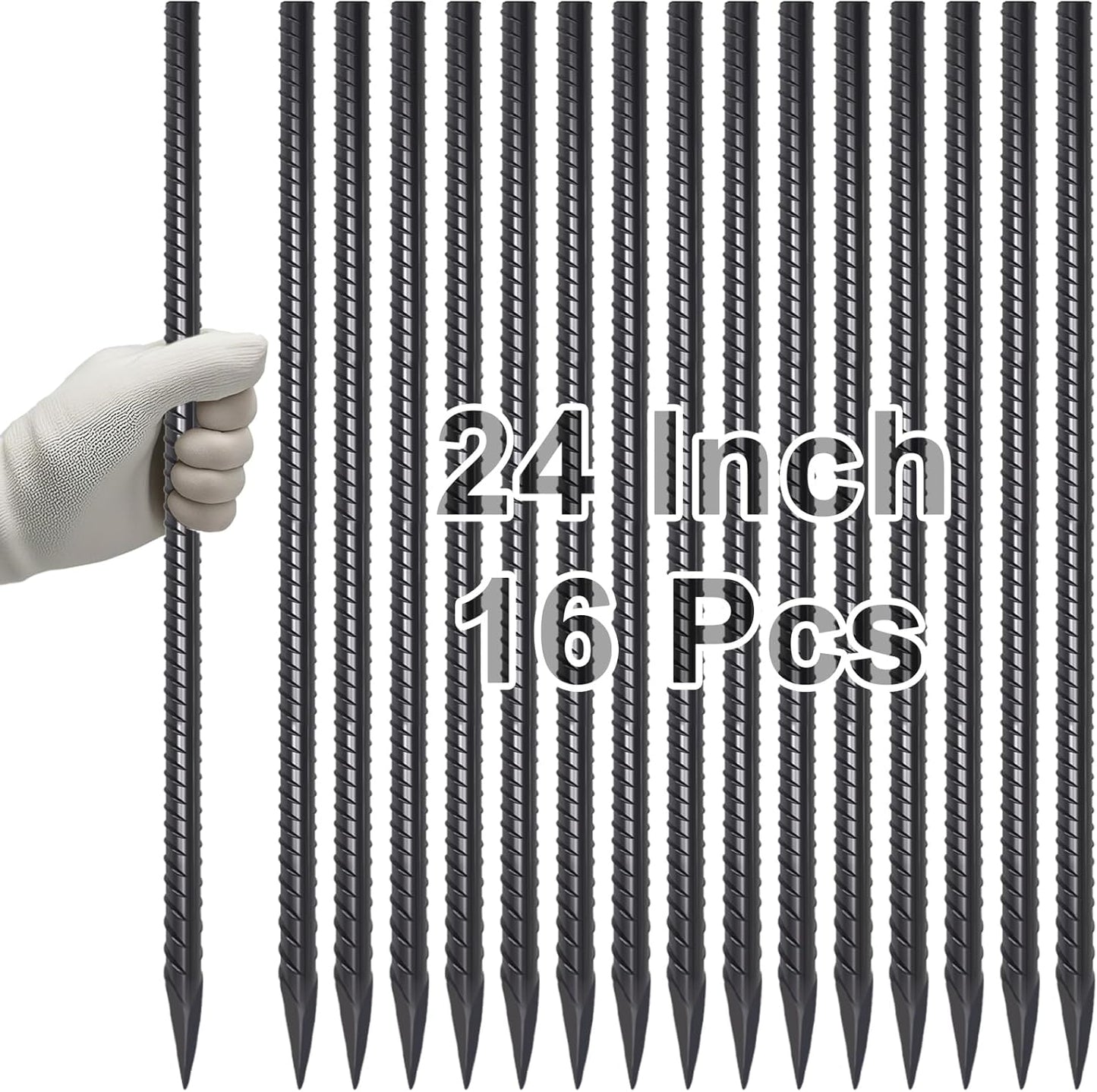 VVOKGO Rebar Stakes 24 Inch Ground Straight Concrete Form Stakes Heavy Duty (16pcs), 3/8" Diameter Metal Steel Spikes Anchors with Chisel Point End for Plant Support, Garden Border,Landscape Edging