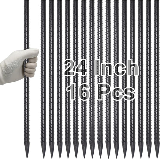VVOKGO Rebar Stakes 24 Inch Ground Straight Concrete Form Stakes Heavy Duty (16pcs), 3/8" Diameter Metal Steel Spikes Anchors with Chisel Point End for Plant Support, Garden Border,Landscape Edging