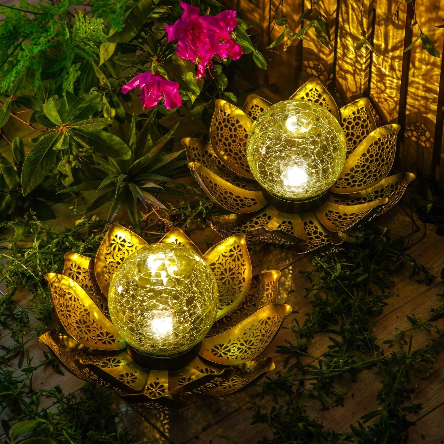 DUSVALLY Lotus Solar Globe LED Light Garden Decoration, Outdoor IP65-Waterproof Crack Glass Solar Flower Lamp Hollow Out Retro Golden Metal Light for Patio, Lawn & Pathway Landscape, 12" W * 6" H