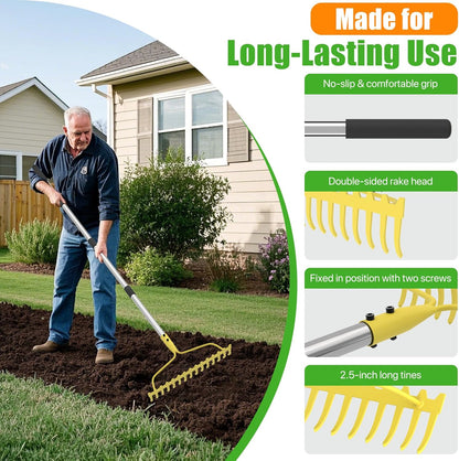 Garden Rakes for Lawns Heavy Duty, 6 FT Bow Rake for Leaves, 17-Tines Metal Rake with Stainless Steel Handle for Yard Leveling, Landscape, Loosening Soil, Yellow