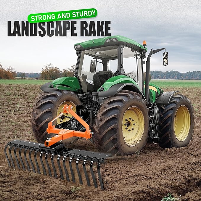 KUAFU 50" 3 Point Landscape Rock Rake for Category-0 Cat-0 Tractor with 360° Rotation Replaceable Spring Tines and Pin Hitch Rock Attach Rake Tow Behind Dethatcher for Garden Lawn Care, Farm, Grass