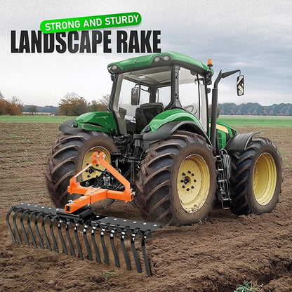 KUAFU 50" 3 Point Landscape Rock Rake for Category-0 Cat-0 Tractor with 360° Rotation Replaceable Spring Tines and Pin Hitch Rock Attach Rake Tow Behind Dethatcher for Garden Lawn Care, Farm, Grass