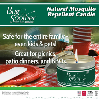 Bug Soother Candle - Natural Insect, Gnat and Mosquito Repellent 2 Candles, 1oz Bottle of Bug Spray Deterrent - Safe for Adults, Kids, Pets, Environment - Made in USA