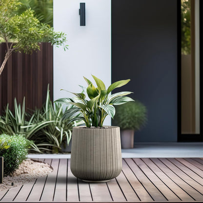 Kante 13.0" Dia Round Fluted Concrete Planter, Large Plant Pot with Drainage, Smooth Weathered Concrete Finish with Warm Brown Interior, for Indoor and Outdoor Use