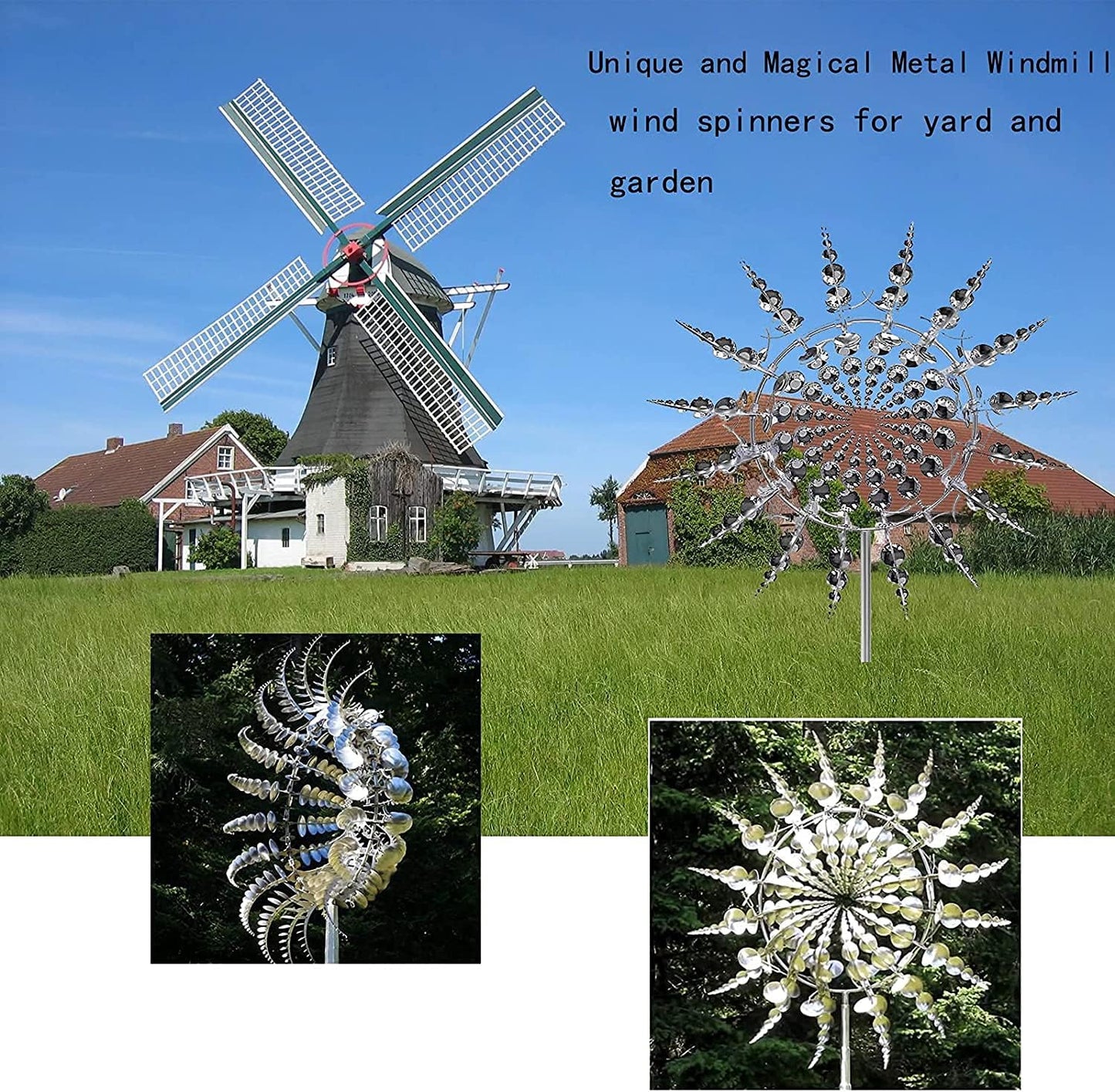 2Pcs Unique Fantasy Metal Windmill, 3D Wind Powered Kinetic Sculpture, Dual-Tiered Opposite-Directional Rotation, Stainless Steel Wind Spinners, Silver