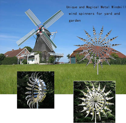 2Pcs Unique Fantasy Metal Windmill, 3D Wind Powered Kinetic Sculpture, Dual-Tiered Opposite-Directional Rotation, Stainless Steel Wind Spinners, Silver