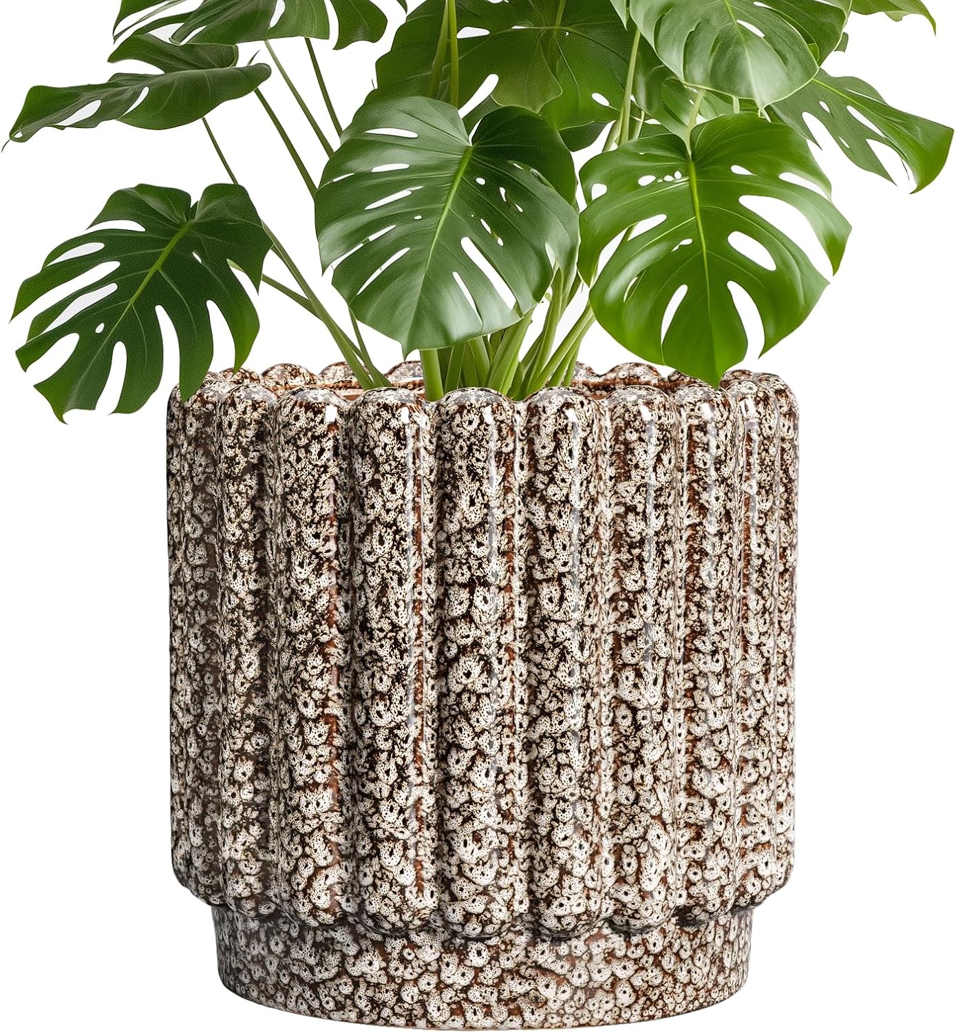 Ceramic Planter - 9.6 Inch Plant Pots Indoor with Drainage Hole, Round Fluted Ceramic Flower Pots, Decorative Planter Outdoor, Home Decor, Plant Lover Gifts for Women, Leopard Print White