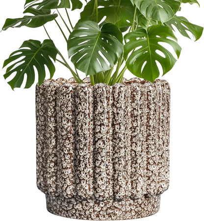 Ceramic Planter - 9.6 Inch Plant Pots Indoor with Drainage Hole, Round Fluted Ceramic Flower Pots, Decorative Planter Outdoor, Home Decor, Plant Lover Gifts for Women, Leopard Print White