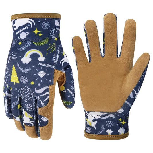 HANDLANDY Kids Genuine Leather Gardening Gloves for ages 3-11, Children Toddler Work Outdoor Playing Gloves for Boys Girls Gift (Large (for age 8-11), Blue)