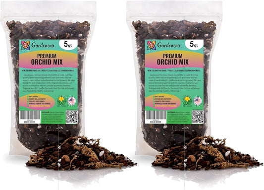 Organic Premium Orchid Soil Mix by Gardenera - Hand Mixed Classic Sphagnum Moss Potting Soil Mix - for Phalaenopsis Orchid - 10 Quart (2 Bags of 5 Quart)
