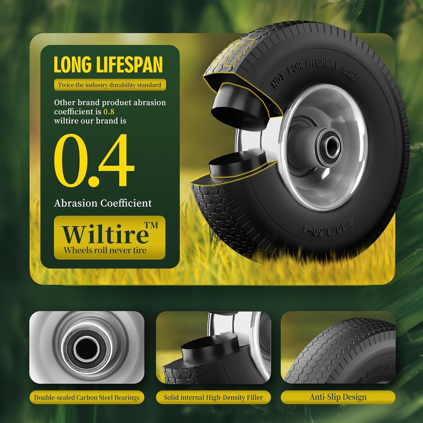 (2 Pack) 4.10/3.50-4 Flat Free Tire and Wheel 10-Inch Solid Wheel Replacement with 5/8 Extra 3/4 &1/2 Bearings,2.2" Offset Hub -Compatible with Hand Truck,Wheelbarrow(Wave,Gray)