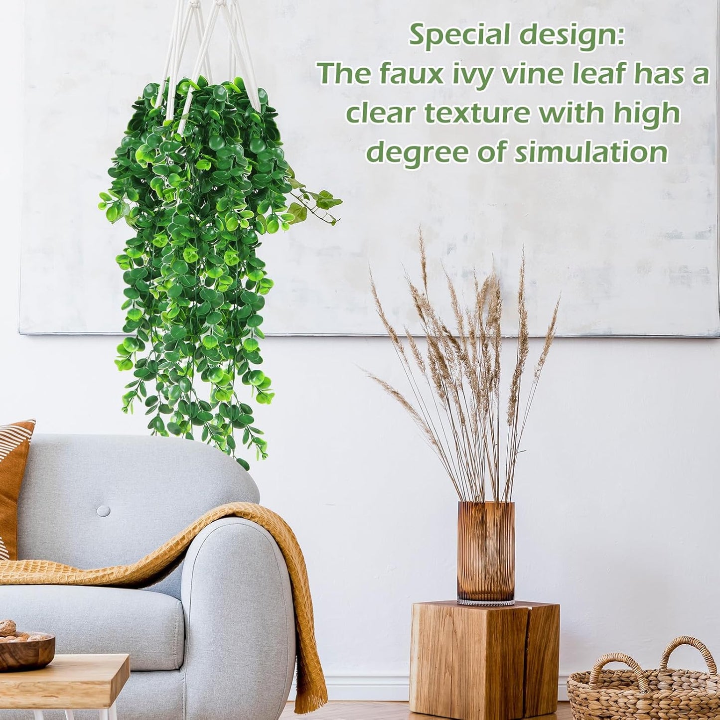 Hoteam 12 Pcs Artificial Hanging Plants 32 Inch Fake Ivy Vines with Fake Leaves Patio Artificial Plants Greenery for Living Room Indoor Outdoor Wall, No Basket (Eucalyptus,Persian Grass)