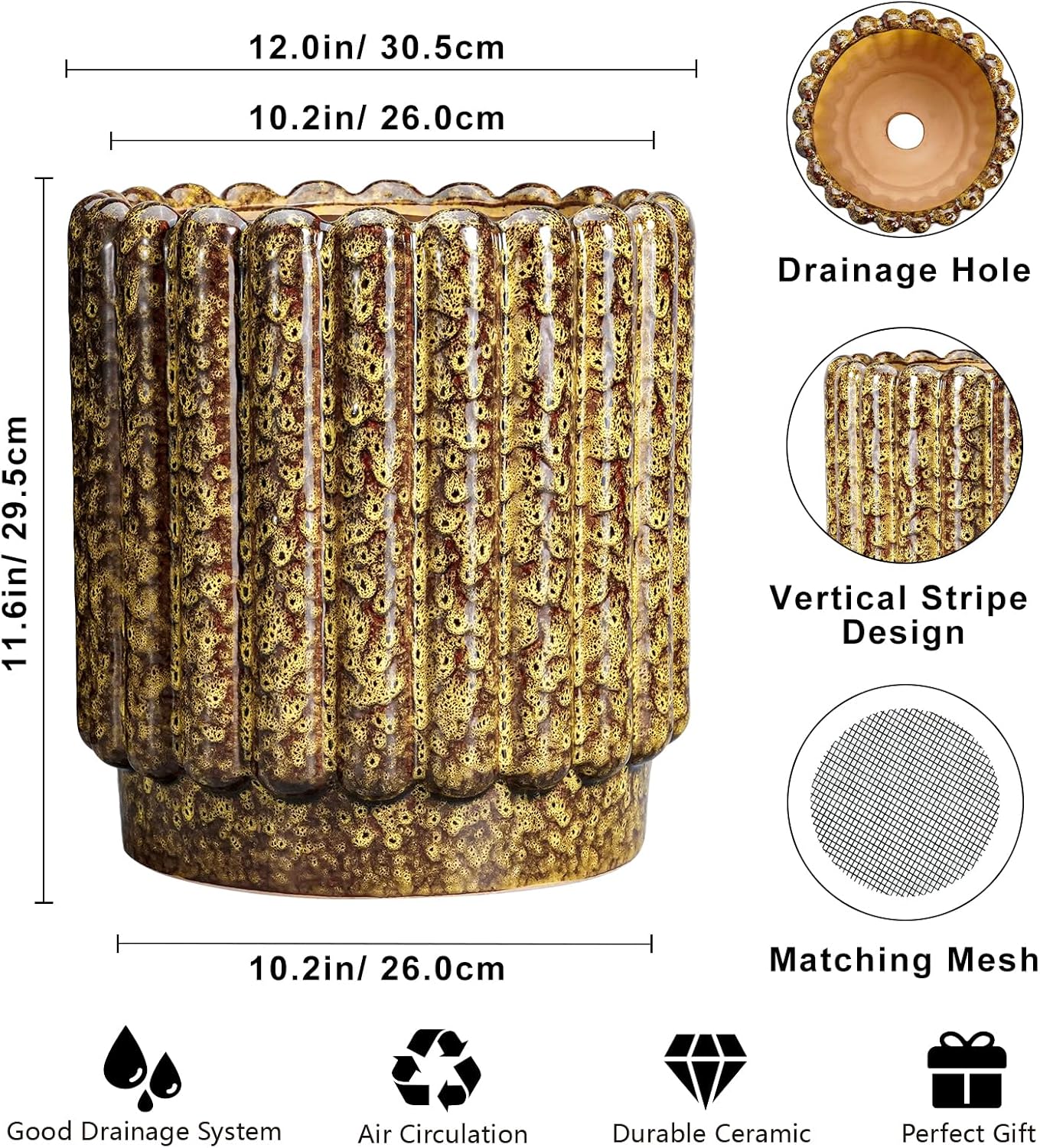 Ceramic Plant Pots - 12 Inch Planter with Drainage Hole, Large Ceramic Flower Pots for Indoor Plants, Round Planter Outdoor, Living Room Decor, Gifts for Plant Lovers, Yellow