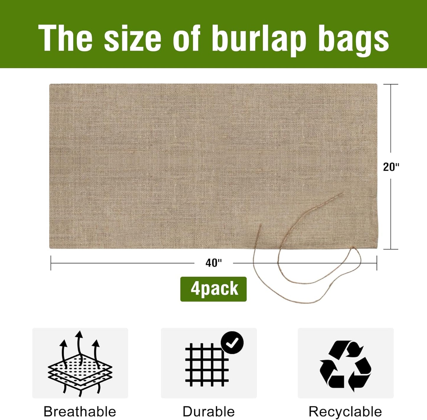 Agfabric Burlap Sacks 4pack 20"×40" Burlap Storage Bag with Strings, 100% Jute Fabric, Reusable Potato Bag for Food Storage, Plant, Gardening Planting, Food Grade, Set of 4