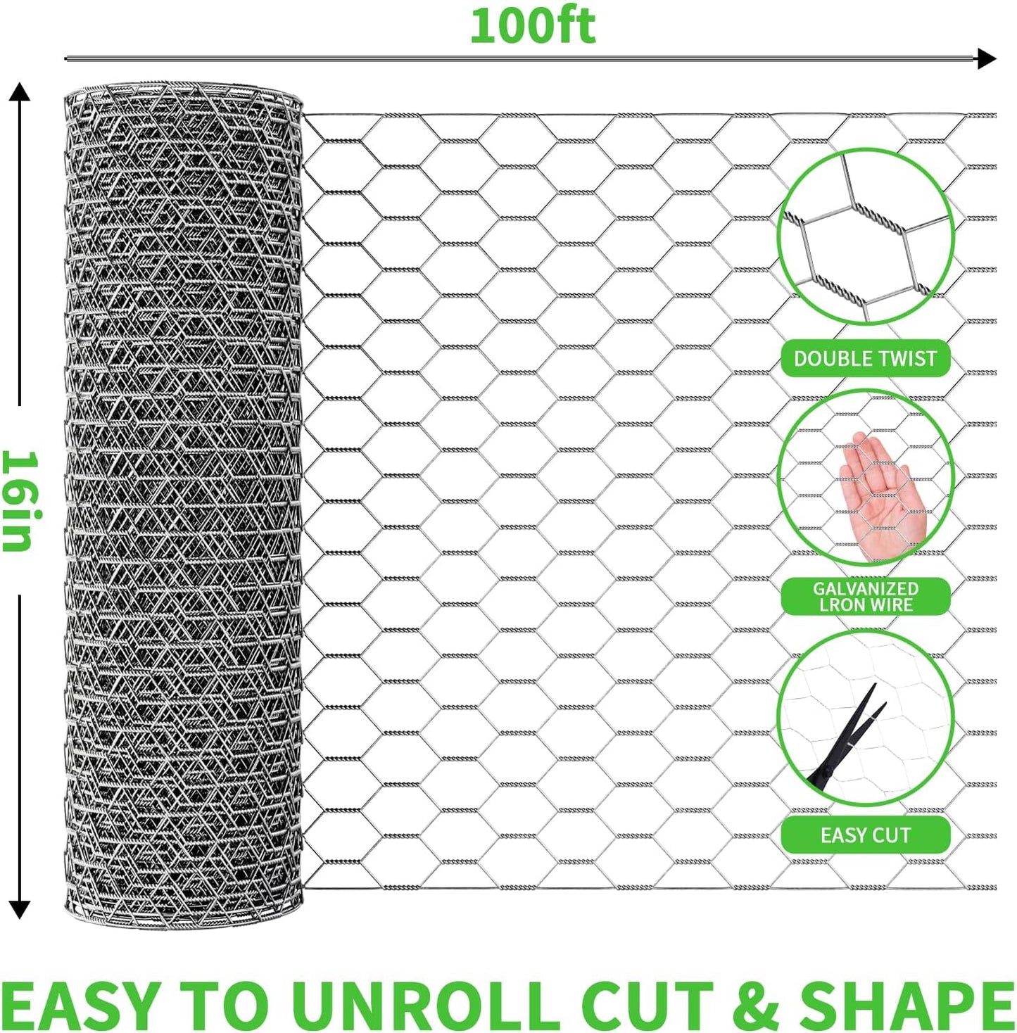 16in x 100ft Craft Chicken Wire Mesh, Hexagonal Galvanized Wire Mesh for Poultry, Floral Wire Netting for Protecting Garden Plants, Vegetables, Flowers and Fruits from Dogs, Rabbits and Squirrels