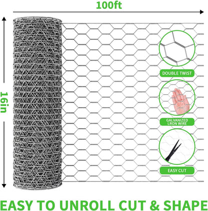 16in x 100ft Craft Chicken Wire Mesh, Hexagonal Galvanized Wire Mesh for Poultry, Floral Wire Netting for Protecting Garden Plants, Vegetables, Flowers and Fruits from Dogs, Rabbits and Squirrels