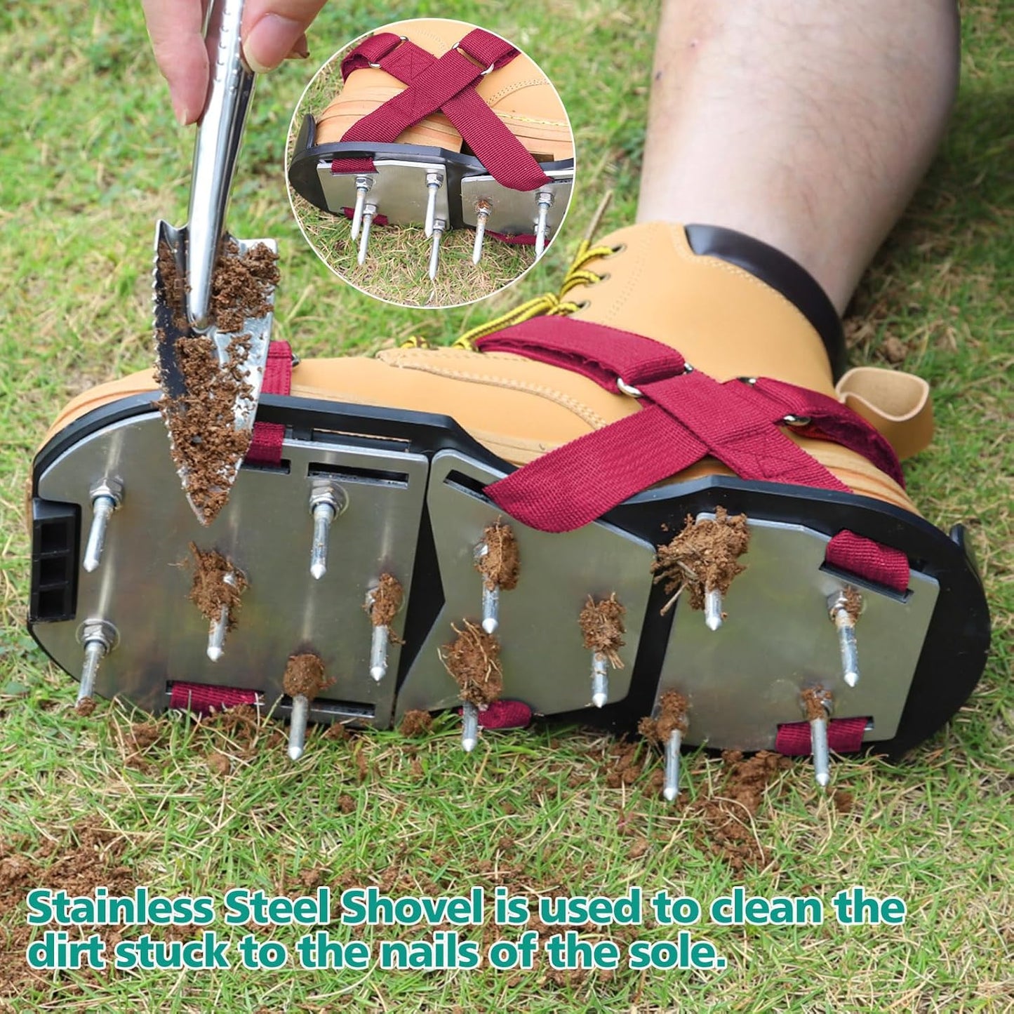 Lawn Aerator Shoes for Grass - Pre-Assembled Grass Aerator Shoes for Lawn - Soil Yard Aerator Tool for Aerating Patio Garden, Red