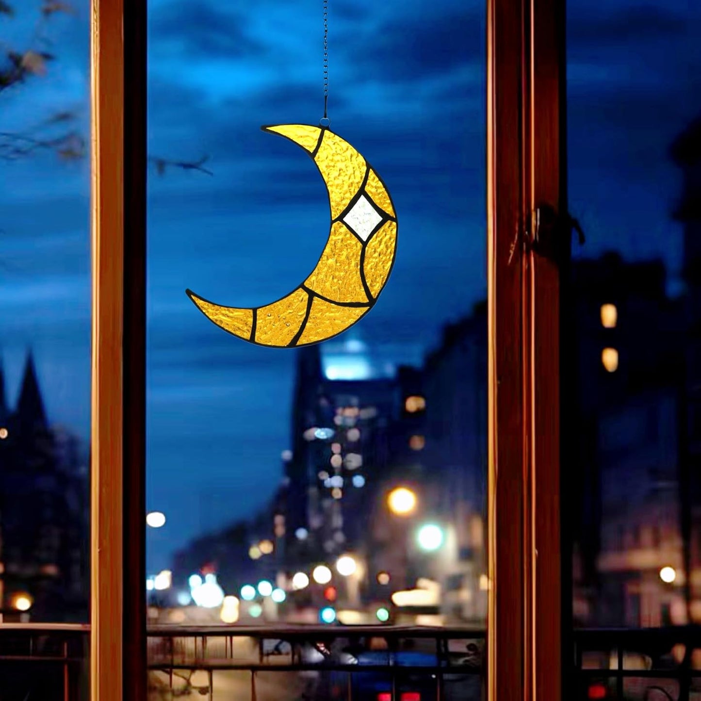 Moon Stained Glass Window Hanging Suncatchers，Handcrafted Art Glass Crescent Moon Decorations Indoor Window Gift for Women, Christmas,Thanksgiving (Yellow)