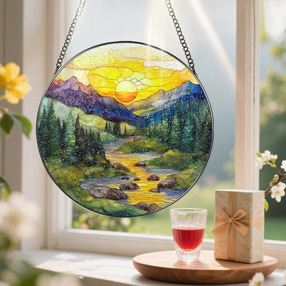 8-Inch Stained Glass Ornament, Nature Suncatchers for Window Hanging, Window Hanging Decor Suncatcher, Mountain Range Ornament | Holiday, Mother’s Day, Christmas, Housewarming | Gifts for Mom &Friend
