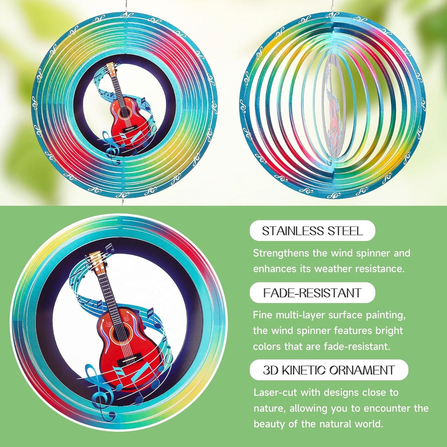 Guitar Wind Spinners Garden Yard Decor Gift for Women Men, 12 Inch Outdoor Metal 3D Wind Spinner, Stainless Steel Hanging Wind Catchers Kinetic Sculpture for Outside Decoration