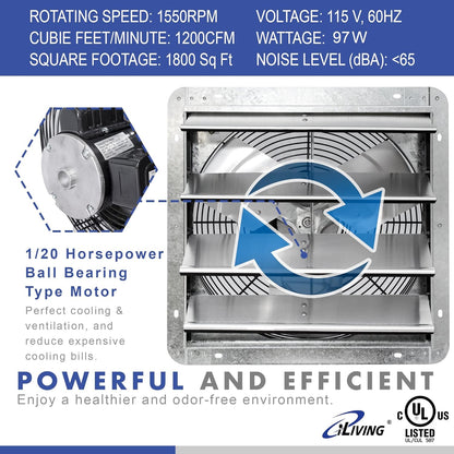 iLIVING 16" Wall Mounted Shutter Exhaust Fan, Automatic Shutter, with Thermostat and Variable Speed controller, 0.85A, 1200 CFM, 1800 SQF Coverage Area Silver (ILG8SF16V-ST)