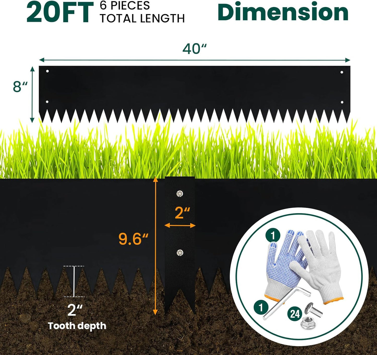 Metal Landscape Edging Galvanized Steel Edging Metal Garden Edging Border 40 Inch Strips 8 Inch Depth Black Steel Landscaping Edge 6-Pack for Lawn Yard Pathway 20 Ft Total (with 6 Clips)