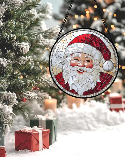 Stained Glass Window Hanging - Santa Claus with White Beard Suncatcher for Doors Home Christmas Decoration Winter Sun Catcher Thanksgiving New Year Birthday Gifts for Women Men Mom Nana 15 in