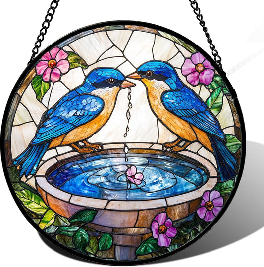 Stained Glass Window Hanging, 2 Blue Birds Suncatcher Diamond Glass Panel Hangings Bird Lover Sun