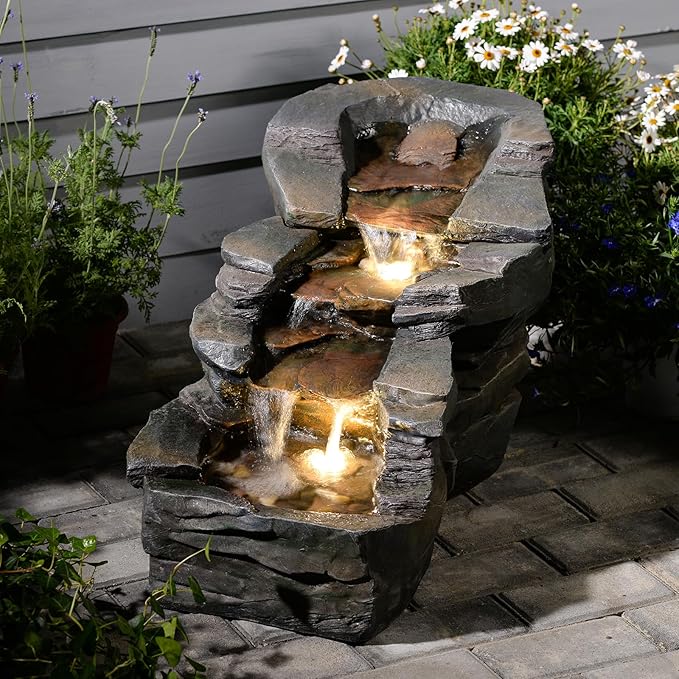 Outdoor Water Fountain 3-Tier Floor Standing Rainforest Rock River Natural Waterfall Fountains with LED Lights for Garden, Patio, Porch, Home Art Decor, 30" L