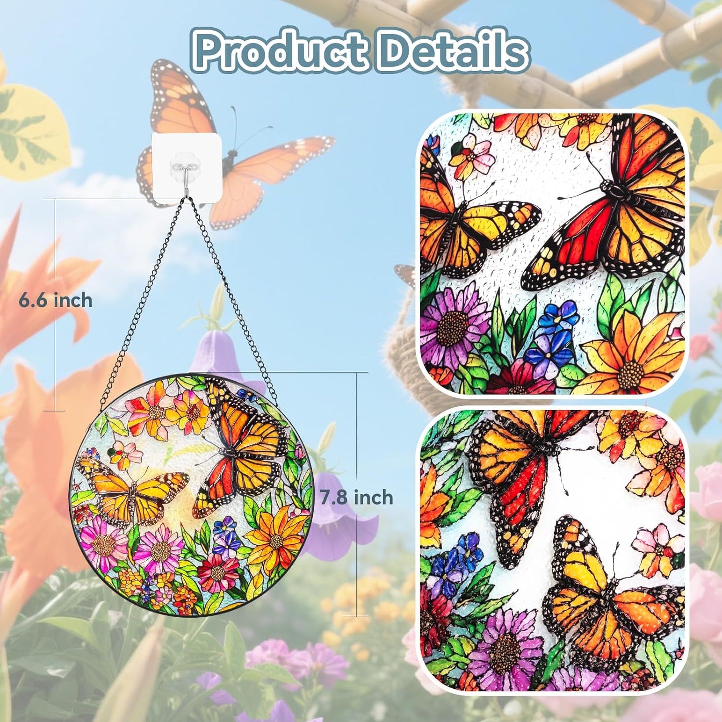 Suncatcher Stained Glass Window Hanging - Butterfly Glass Panel with Metal Chain and Hooks Handmade Sun Catcher Decoration for Window Garden Home Christmas & Birthday Gifts (8 Inch)