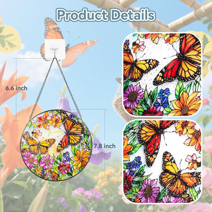 Suncatcher Stained Glass Window Hanging - Butterfly Glass Panel with Metal Chain and Hooks Handmade Sun Catcher Decoration for Window Garden Home Christmas & Birthday Gifts (8 Inch)