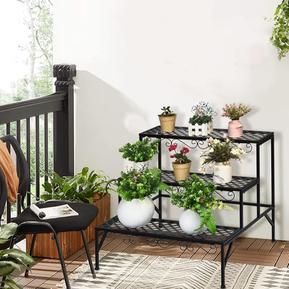 Giantex 3 Tiers Black Metal Plant Stand, Metal Plant Shelf Stands w/ 6-9 Flower Potted Capacity Holders, Multiple Flower Pot Display Rack for Plants Patio Garden Corner Indoor (Rectangular)