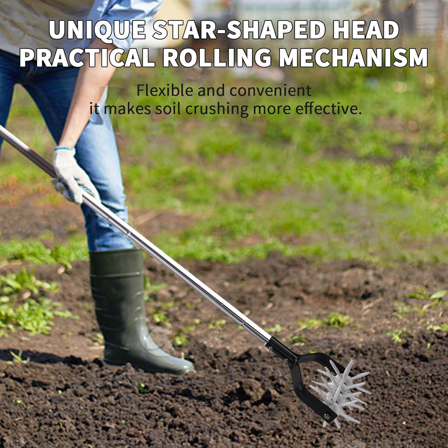 Rotary Garden Tool, Adjustable Hand Tiller, Long Handle Cultivator for Aerating, Weeding, Planting and Mixing Soil or Reseeding Grass