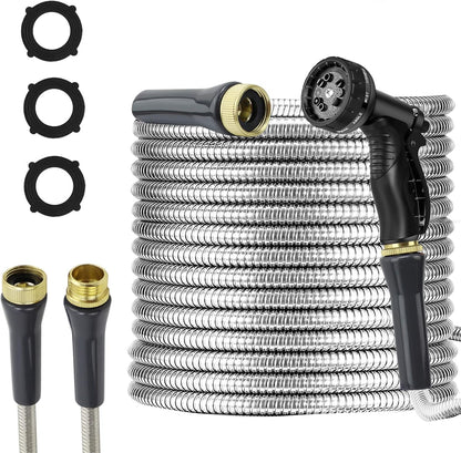 Stainless Steel Garden Hose 100ft Heavy Duty Metal Water Hoses with 10 Function Water Hose Nozzles for Yard Outdoor