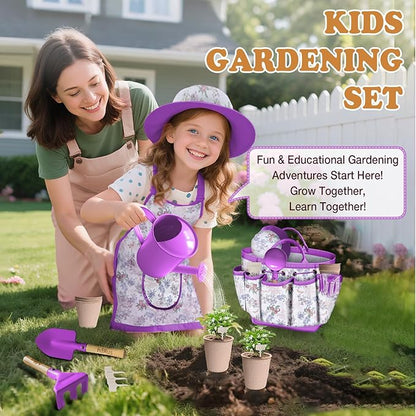 Kids Gardening Tool Set 18PCS Kids Toddler Gardening Set Includes Tote Bag Watering Can Apron Hat Rake Shovel Spoon Gloves Plant Pots and Labels, Outdoor Toys Gift for Boys Girls (Purple)