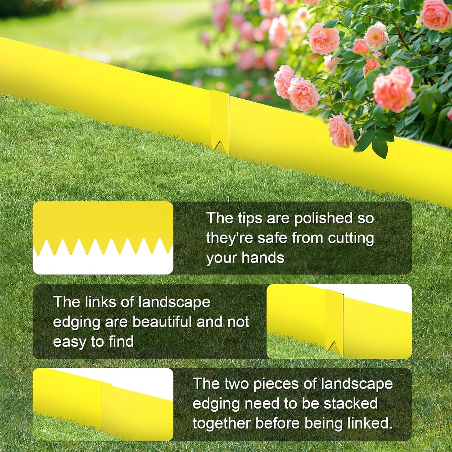 Landscape Edging Kit, Galvanized Steel Edging Landscape Lawn Edging Powder for Lawn Yard, Coated Bendable Metal Strips, No-Dig Hammer-in Edging Border w/Clips (8 INCH 6 PCS, Gold)