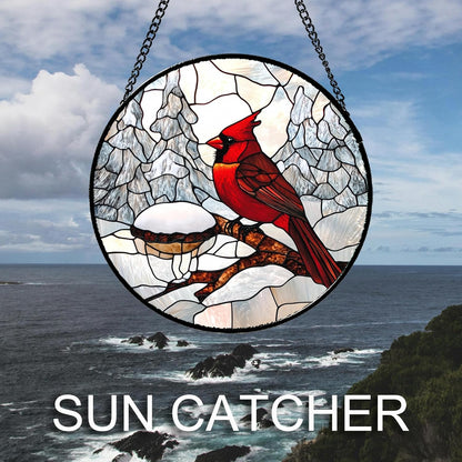 Stained Glass Window Hanging Cardinal Bird Winter Snow Scene Large 11.8" - Suncatcher Door Garden Sunroom Sun Catcher Home Decor Birthday Christmas for Mom Men Woman Nana