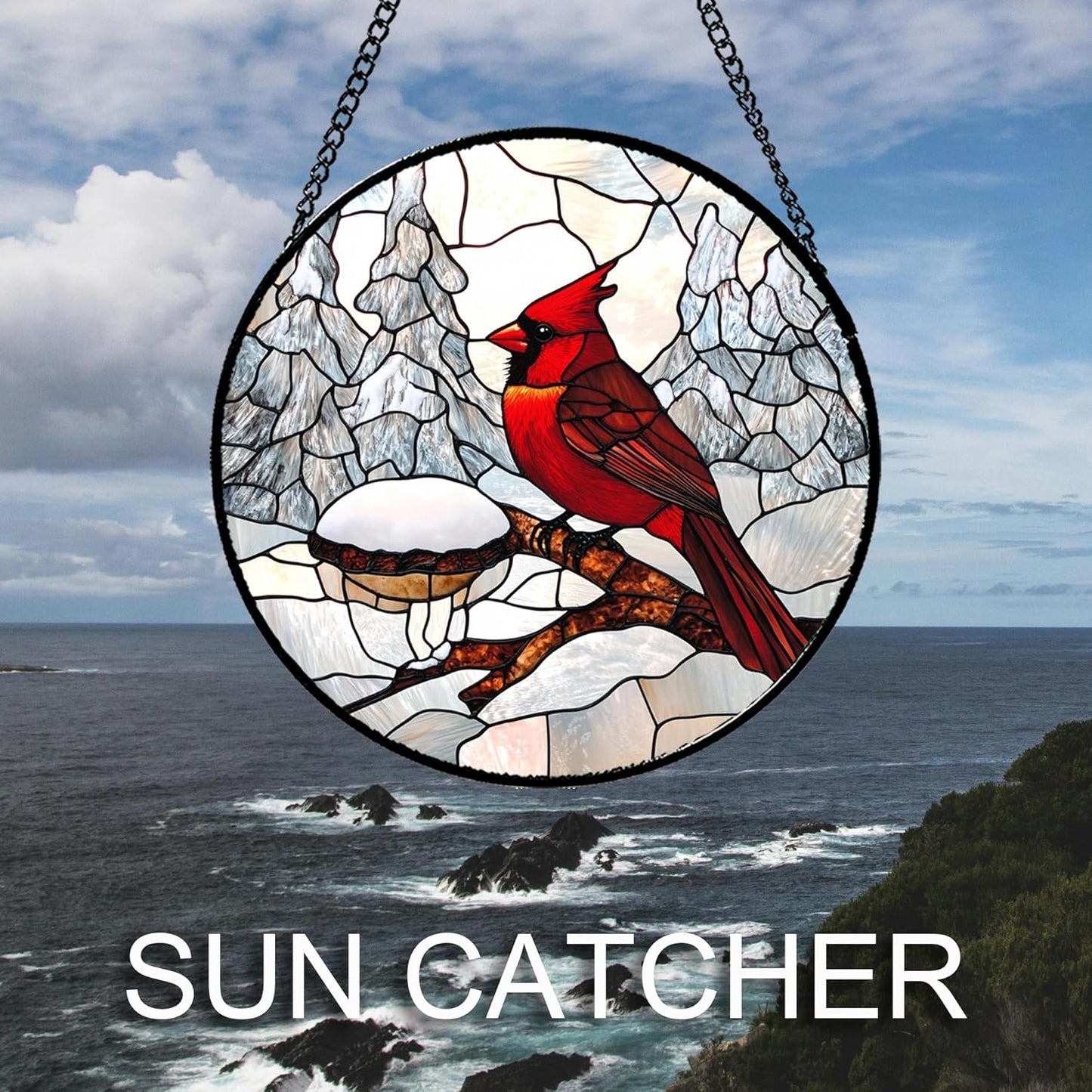 Stained Glass Window Hanging Cardinal Bird Winter Snow Scene Large 15" - Suncatcher Door Garden Sunroom Sun Catcher Home Decor Birthday Christmas for Mom Men Woman Nana