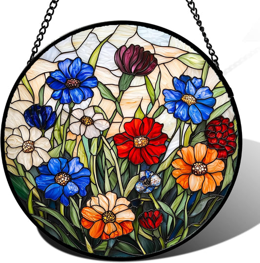 Stained Glass Suncatcher, Colorful Flowers Green Leaf Sun Catcher Landscape Stain Glass Window