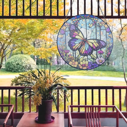 12''Stained Glass,Large Butterfly Decor Window Hanging,Handmade for Window Decoration,Painted Stained Glass Suncatcher,with Metal Chain