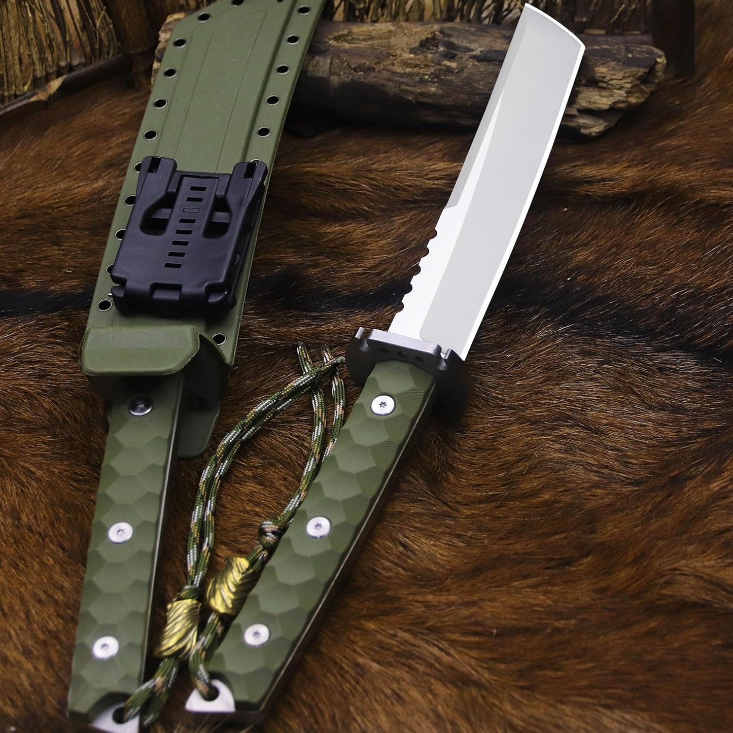 BA-KOR 15.8in Full Tang Japanese Style Outdoor Knife –8mm DC53 Steel, Nylon Fiber Handle &Sheath, Hunting Survival Knife+(5.9in) cerium igniter (Green-handled white blade (8mm))